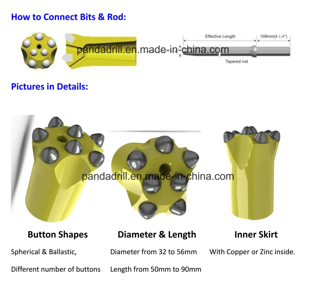 Super Quality 32mm, 34mm, 36mm, 38mm, 40mm 7 Buttons 8 Button 7 11 12 Degree Tungsten Carbide Rock Drill Taper Bit, Taper Button Bit, Button Bit